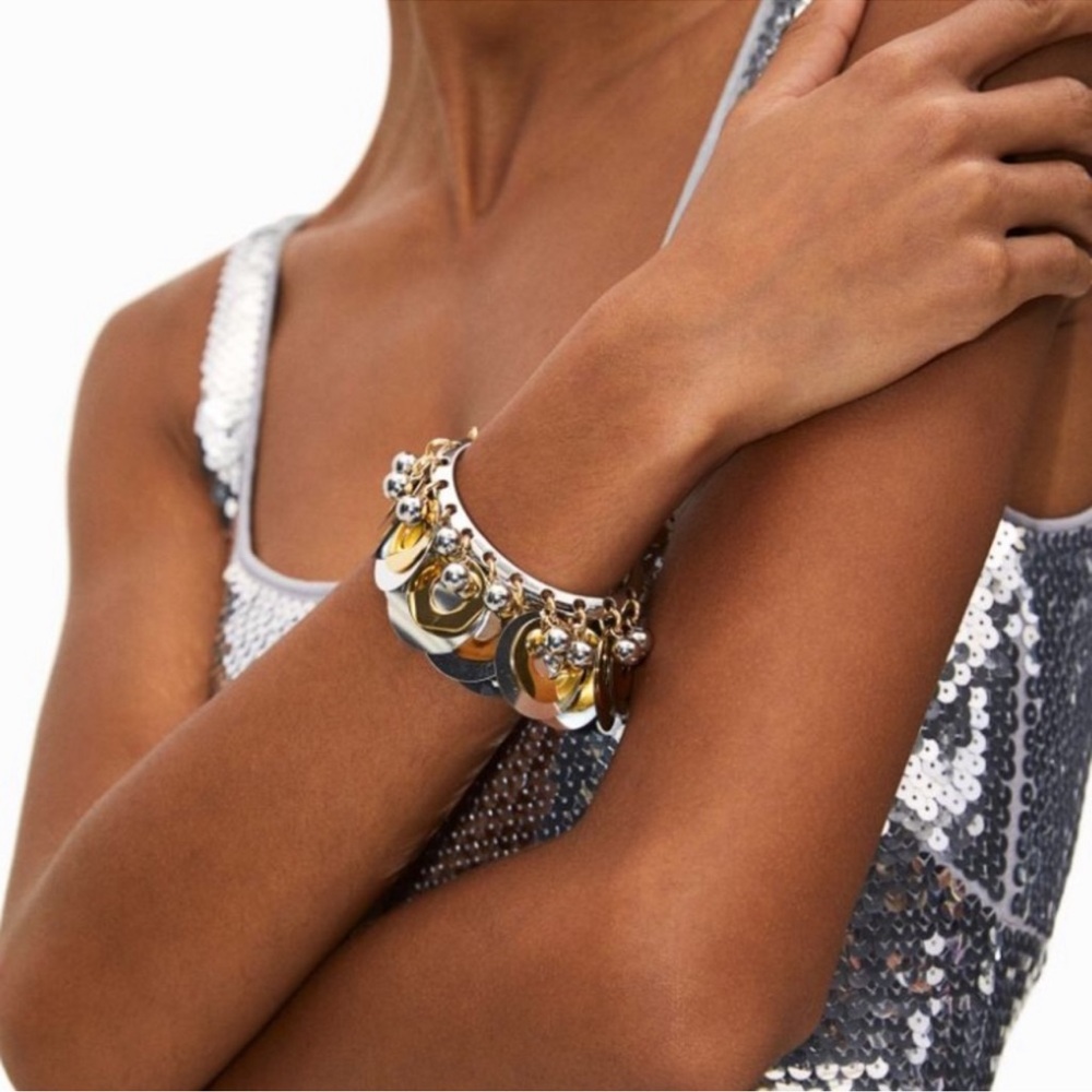 Rabanne X H&M Beaded Disc- embellished bangle silver gold